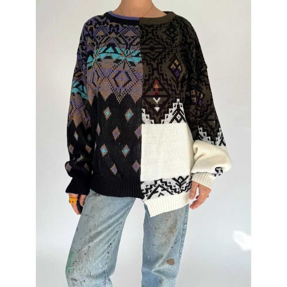 vintage reworked upcycled half and half unique split knit grandpa sweater large - Picture 2 of 9